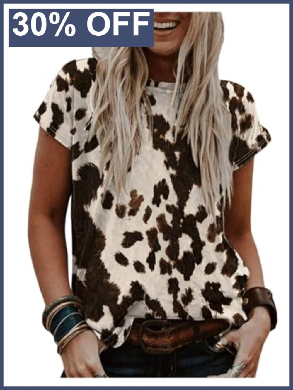 MakeMeChic Cow Print Short Sleeve Tee Y2K Cowgirl Summer Top